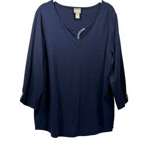 Chicos Women's Top Large Navy Blue Button Accents 3/4 Sleeve Stretch Pullover